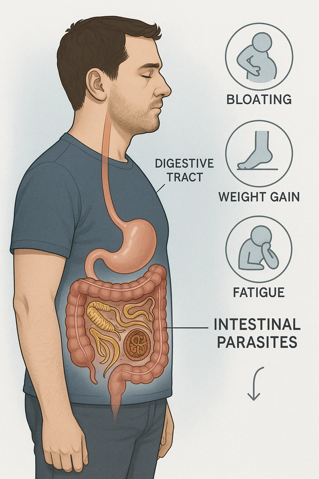 a man stands in profile, with a transparent overlay revealing his digestive tract. Inside his intestines, several enlarged, detailed representations of intestinal parasites are visible. Around the man, subtle arrows or icons indicate symptoms such as bloating, weight gain, and fatigue. The background is clinical and educational, with clear labels for anatomy and parasites. emoji