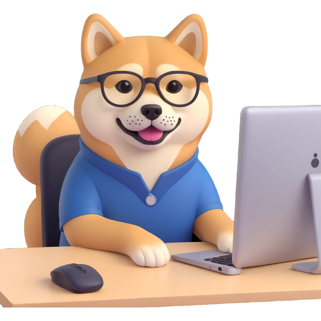shiba inu with eye glasses and computer emoji