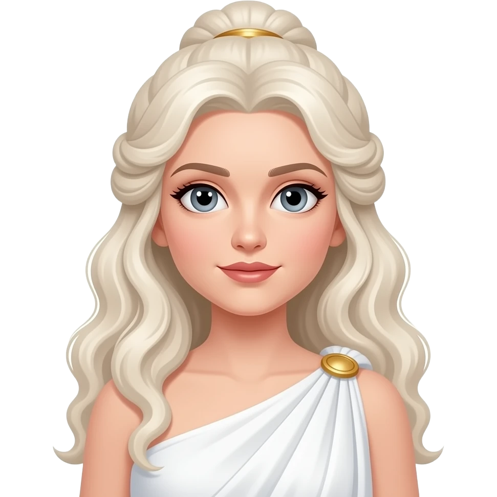Diana from Roman Mythology with grey eyes, long white blonde curly updo hair, white tunic emoji