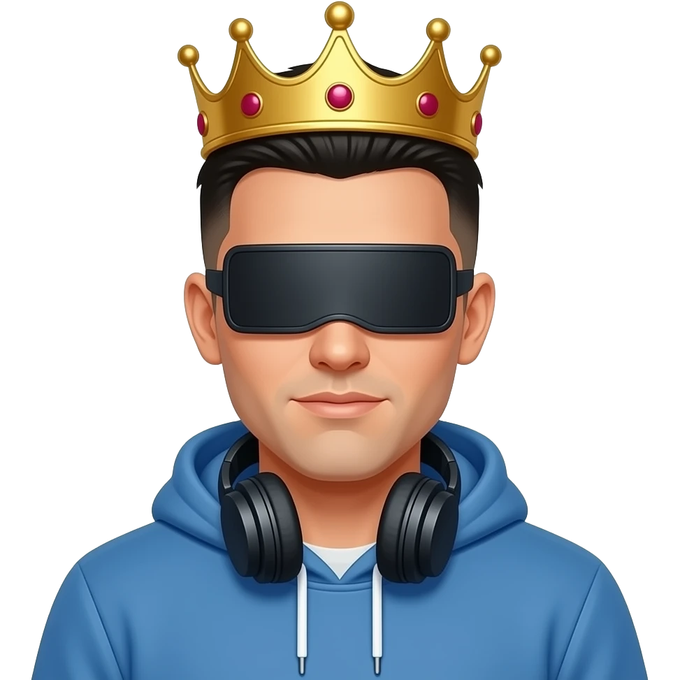Make a man who has a blue hoodie with headphones on his neck have a crown with a black eyes cover black box and with a short white male black buzz cut and make him a white male Make the black covered box not attach to the head just on the head Make the crown fully on his head emoji