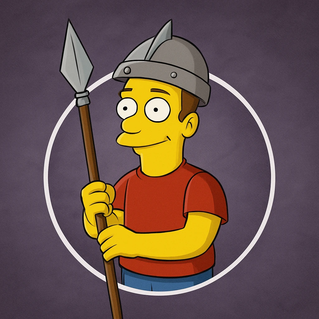 Regenerate the image keeping the same angle, facial expression, clothing, size ratio and shapes as the original. Replace the camera with a spear and put a spearman's helmet on the head. Maintain the original style and color scheme. emoji