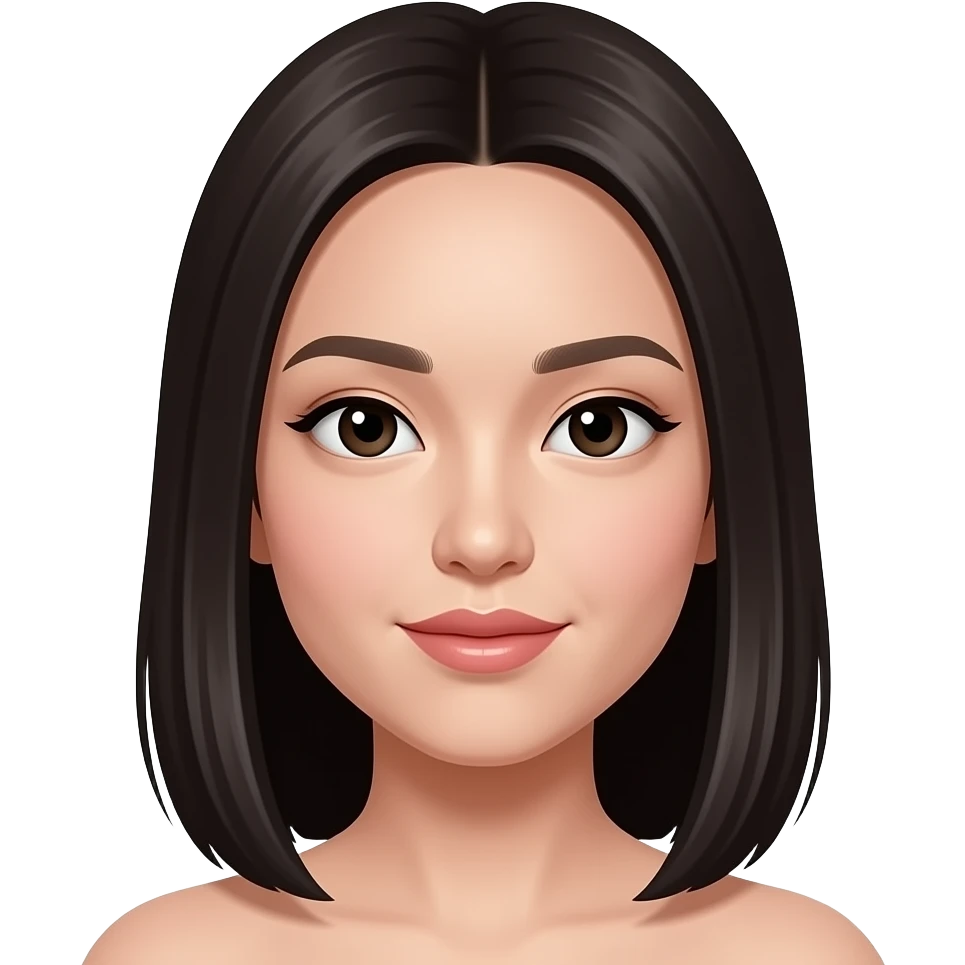 Can you generate an asian girl who has long straight hair to her chest, wears her hair in a middle split and light skin, narrower eyes and bigger lips? emoji