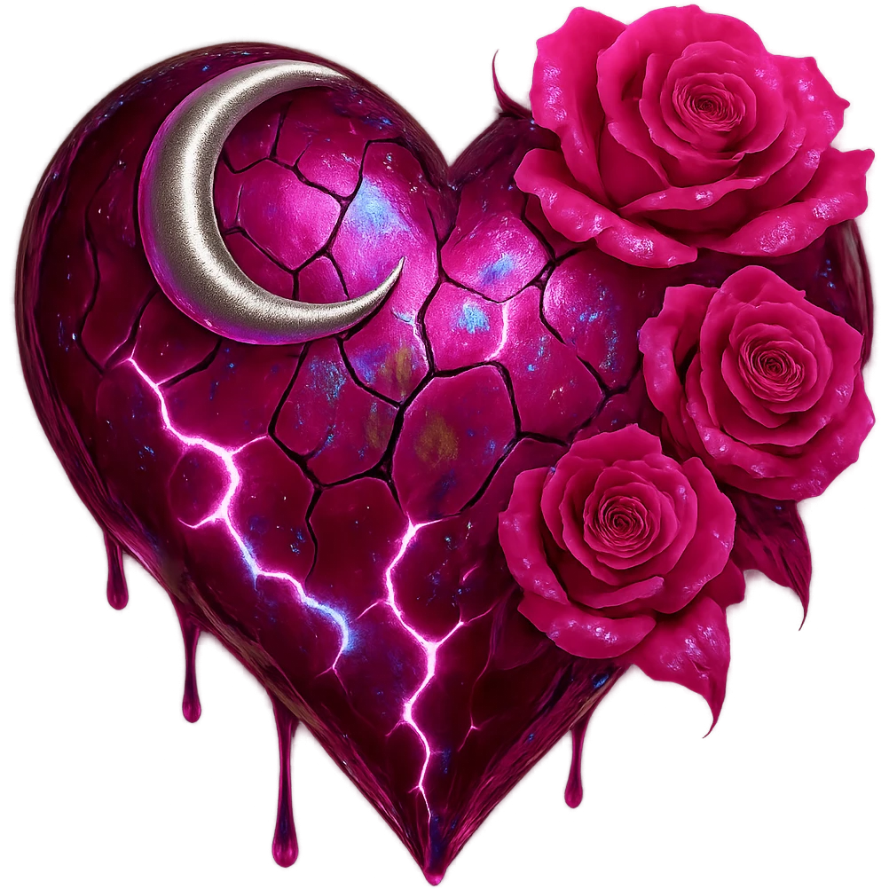 Edit the gothic heart to use fractured deep pink glass, silver crescent moon, pink roses, iridescent holographic stardust, neon lightning bolts, and a wet, shiny finish. Keep the background transparent. emoji