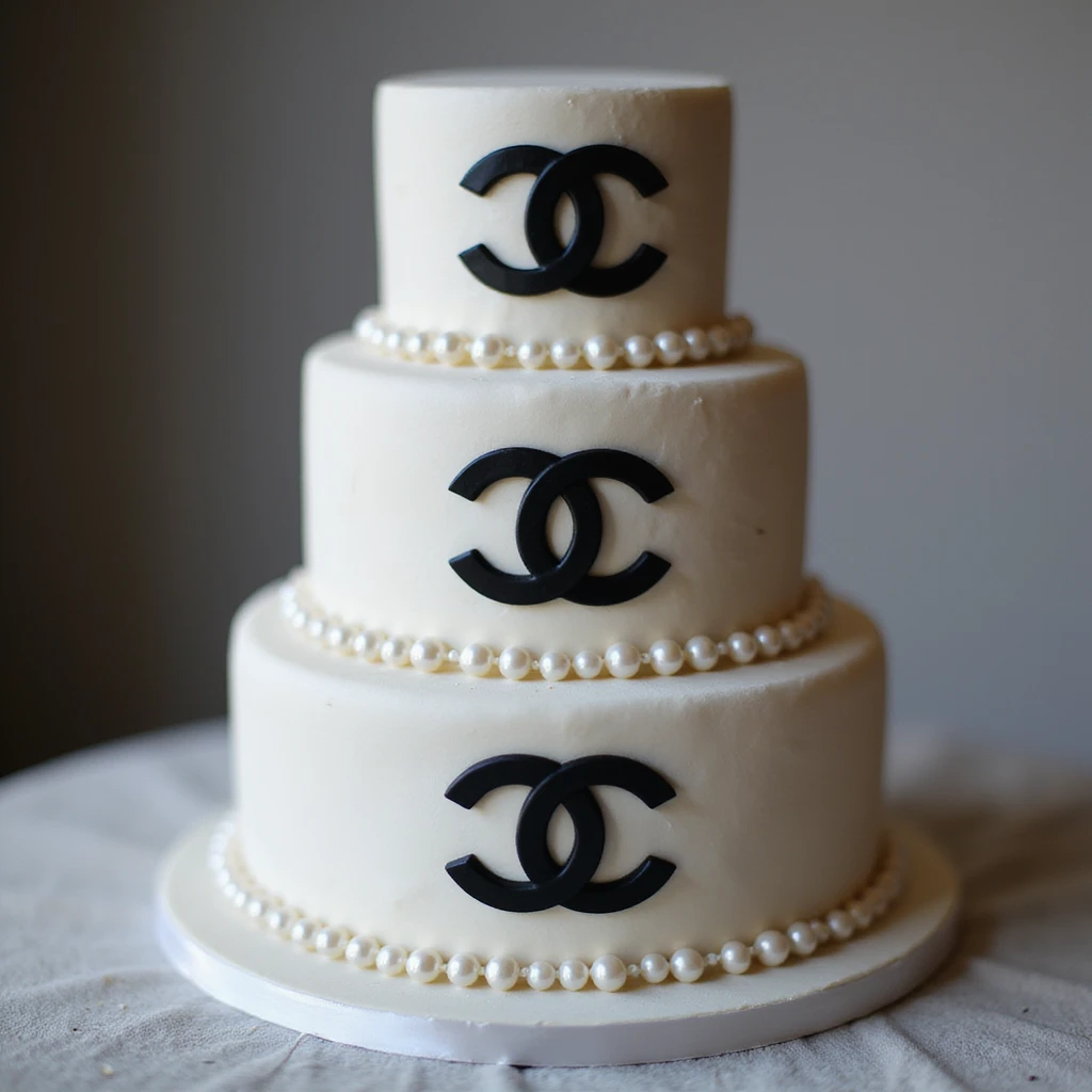 photorealistic tiered cake with Chanel logo patterns, pearls, and elegant black and white fondant, no background emoji