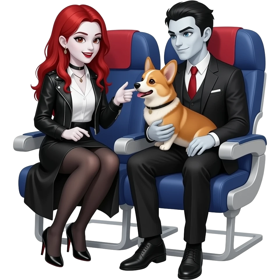 Vampiro femmina ADOLESCENTE con pelle bianca e capelli rossi indossa una gonna nera, una camicetta bianca, una giacchetta nera e dei tacchi neri seduta su un sedile di un aereo con in braccio il  suo Corgi che parla con una sua amica VAMPIRA seduta accanto a lei emoji