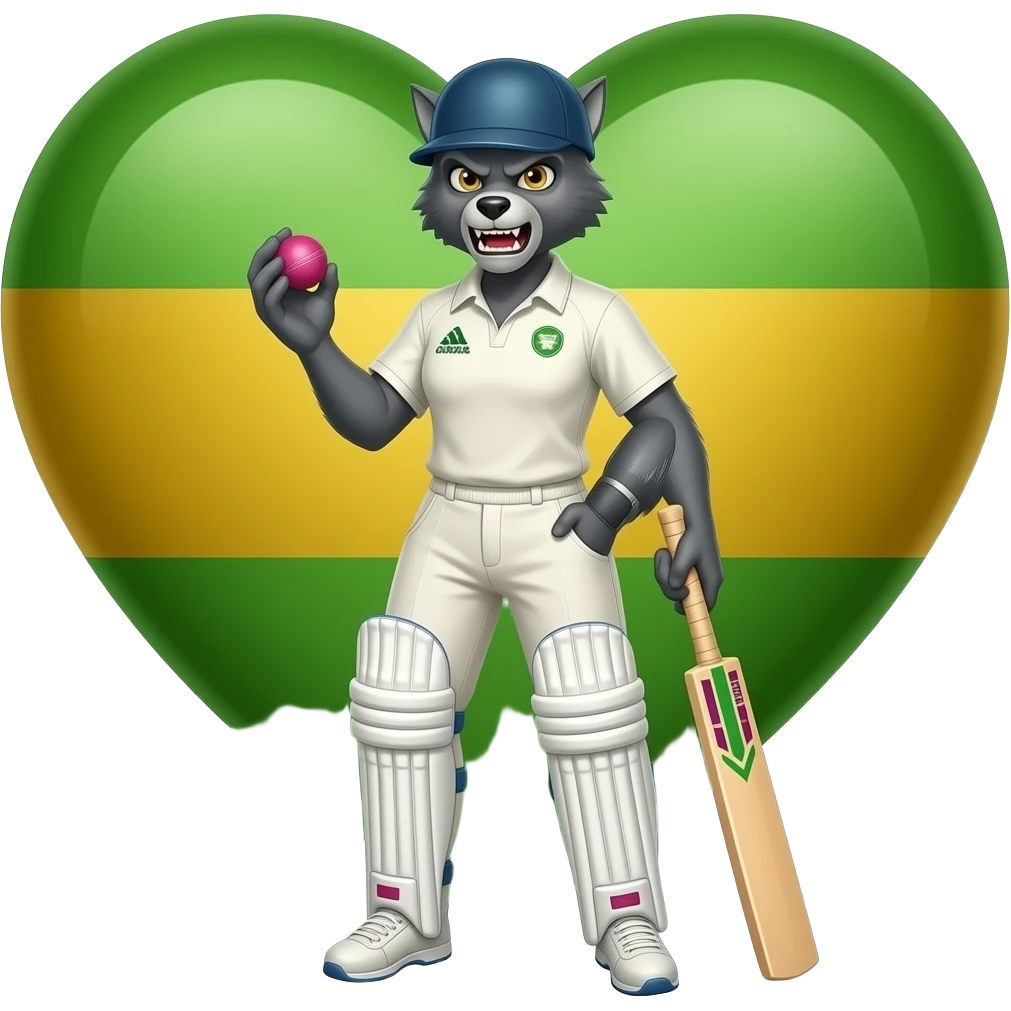 Realistic Green and gold heart background with a grey scary female adult snarling werewolf wearing cricket player holding a pink cricket ball and cricket bat emoji