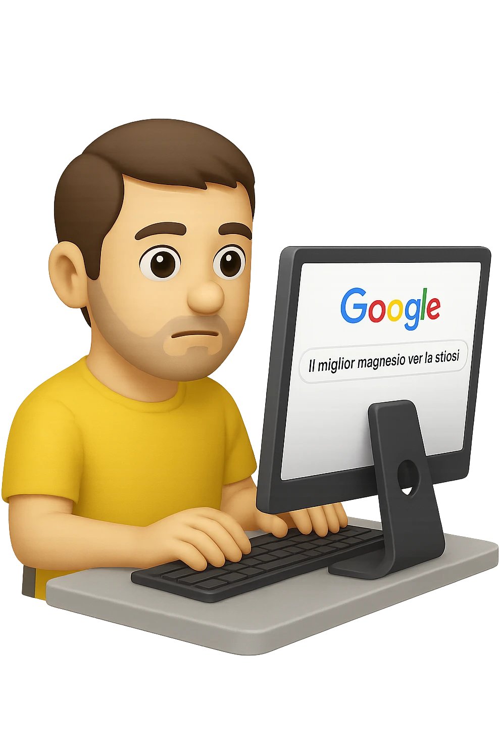 emoji stile iphone di un uomo davanti al pc che cerca di google: "Il miglior magnesio per la stipsi", iperrealistico 4k emoji