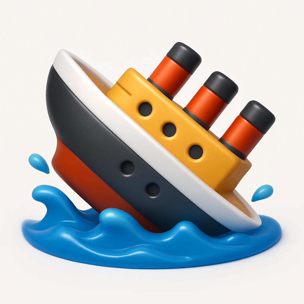 A 3D emoji in iOS emoji aesthetic style of a sinking ship, half-submerged in blue ocean water, tilted downward with small waves around, soft lighting and glossy Apple-style finish, clean white background.


 emoji