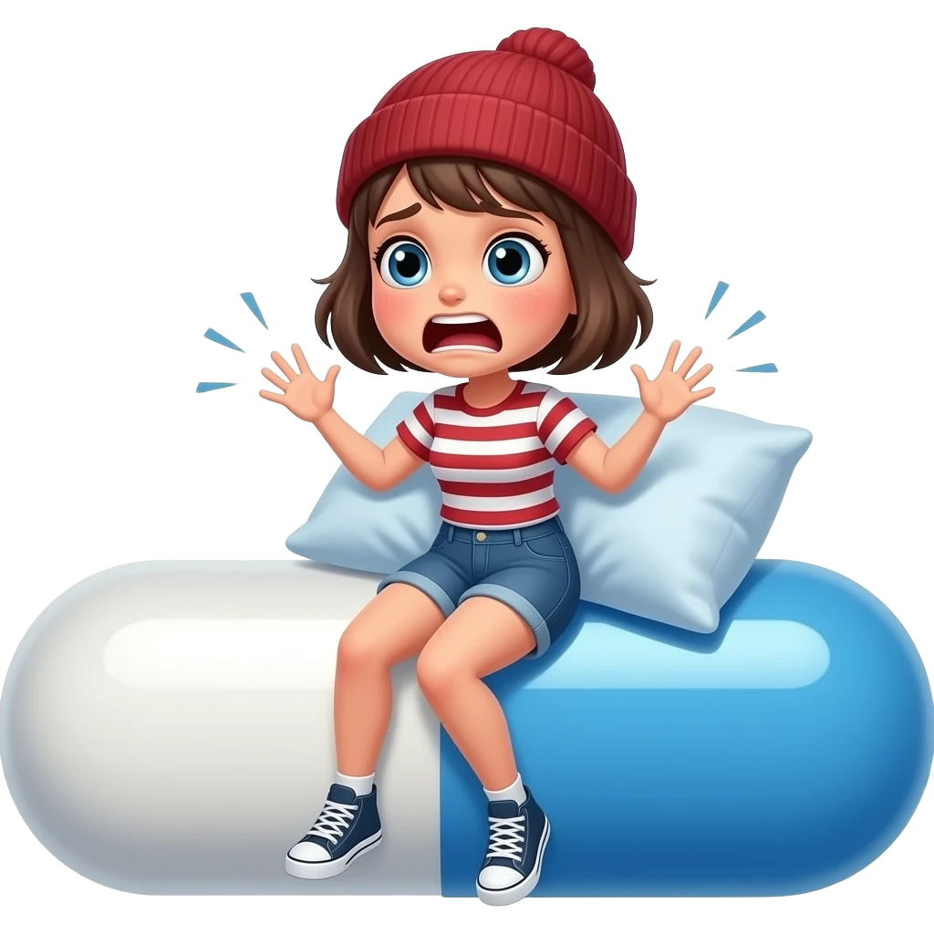 Tomgirl with short hair and beanie is shaking violently. She is sitting on a giant Adderall pill that is kind of a pillow.  emoji