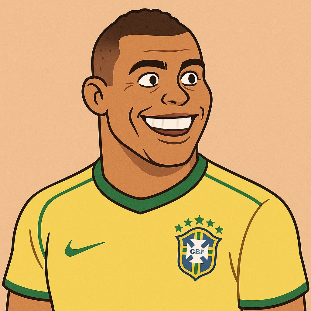 cartoon illustration of Ronaldo Fenômeno, the famous Brazilian footballer, smiling, with his iconic short hair and Brazil jersey emoji