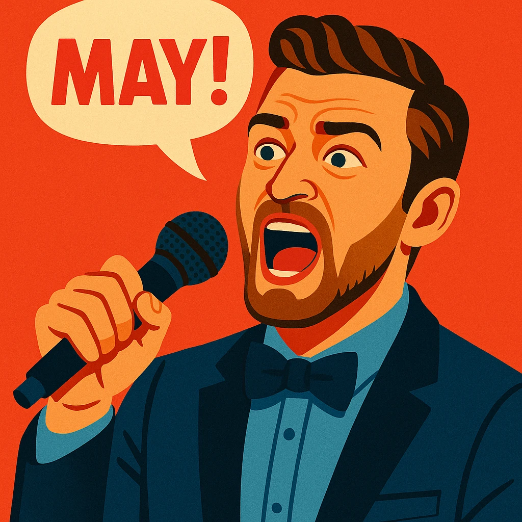 vibrant toon style Justin Timberlake with microphone, saying 'May!', realistic expression, bold colors emoji