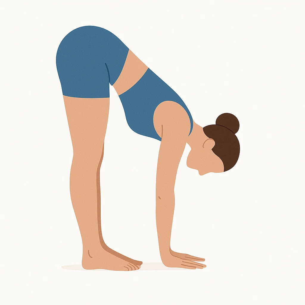 "Minimalist flat vector illustration of a woman doing yoga in forward fold pose (Uttanasana), wearing sportswear (blue top and blue shorts), brown hair in a bun, clean white background, no face details, elegant style" emoji