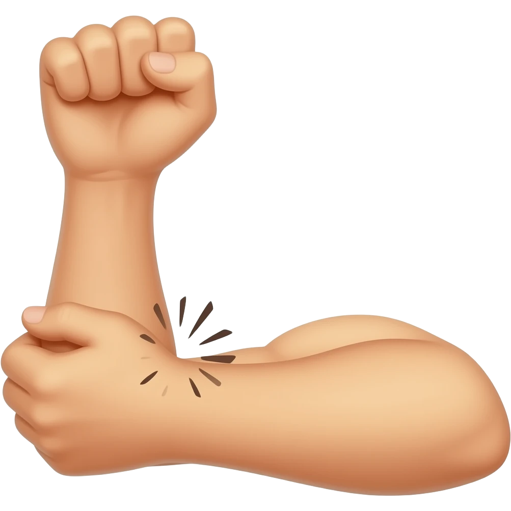 el yan dönük duruyor bir kol dirsekten bükülmüş yumruk sıkılı ve yukarı bakıyor  Diğer el bükülen kolun dirsek içine Vuruşun şiddetini belirtmek için darbe noktasından çıkan küçük patlama çizgileri (💥) veya şok dalgaları eklenmiş. emoji