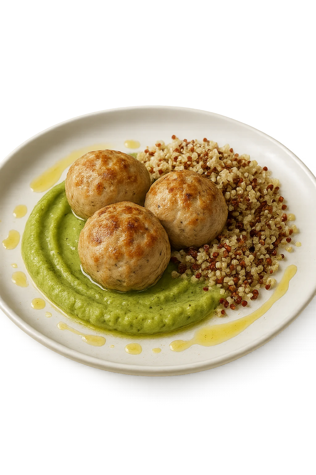 polpette di tacchino, purè di zucchine, quinoa e olio di oliva, iperrealistico 4k emoji