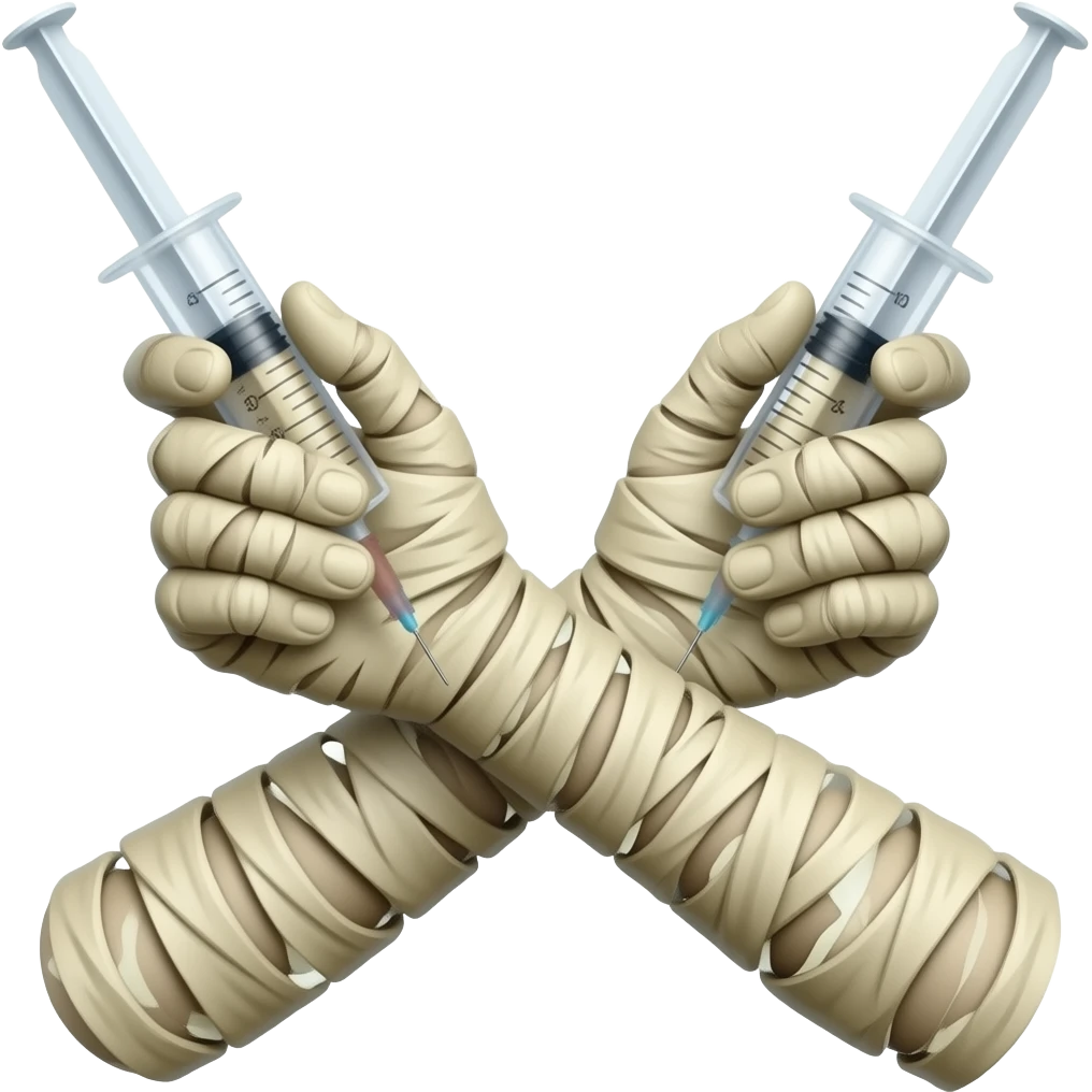 two hands cross holding mummified syringes emoji
