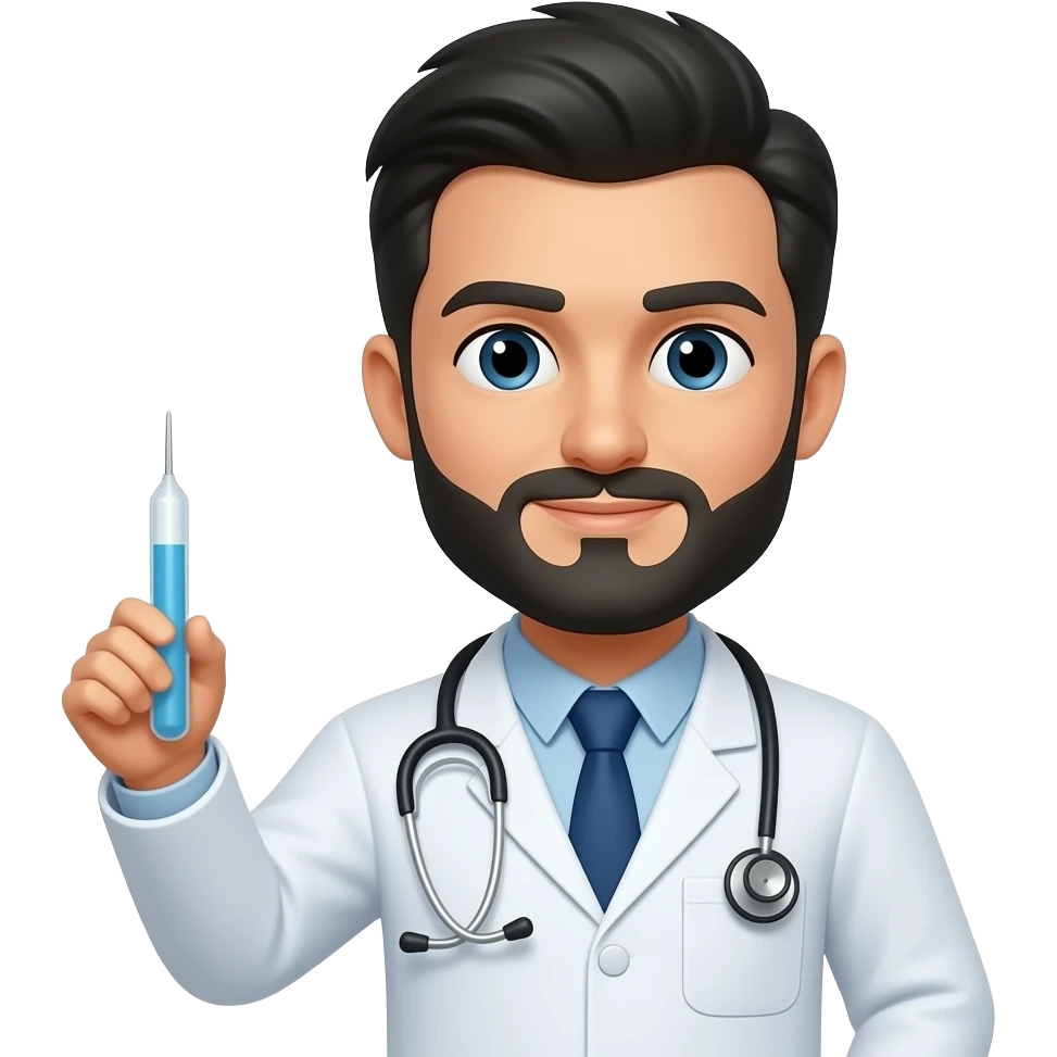 emoji Medico blanco con cabello negro y barba con sonda en la mano emoji