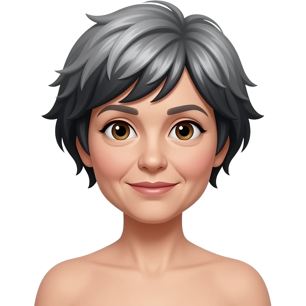 woman 50 years old, short by grey and blackfluffy cut hair pixie cut, white skin and brown eyes And nude breast emoji