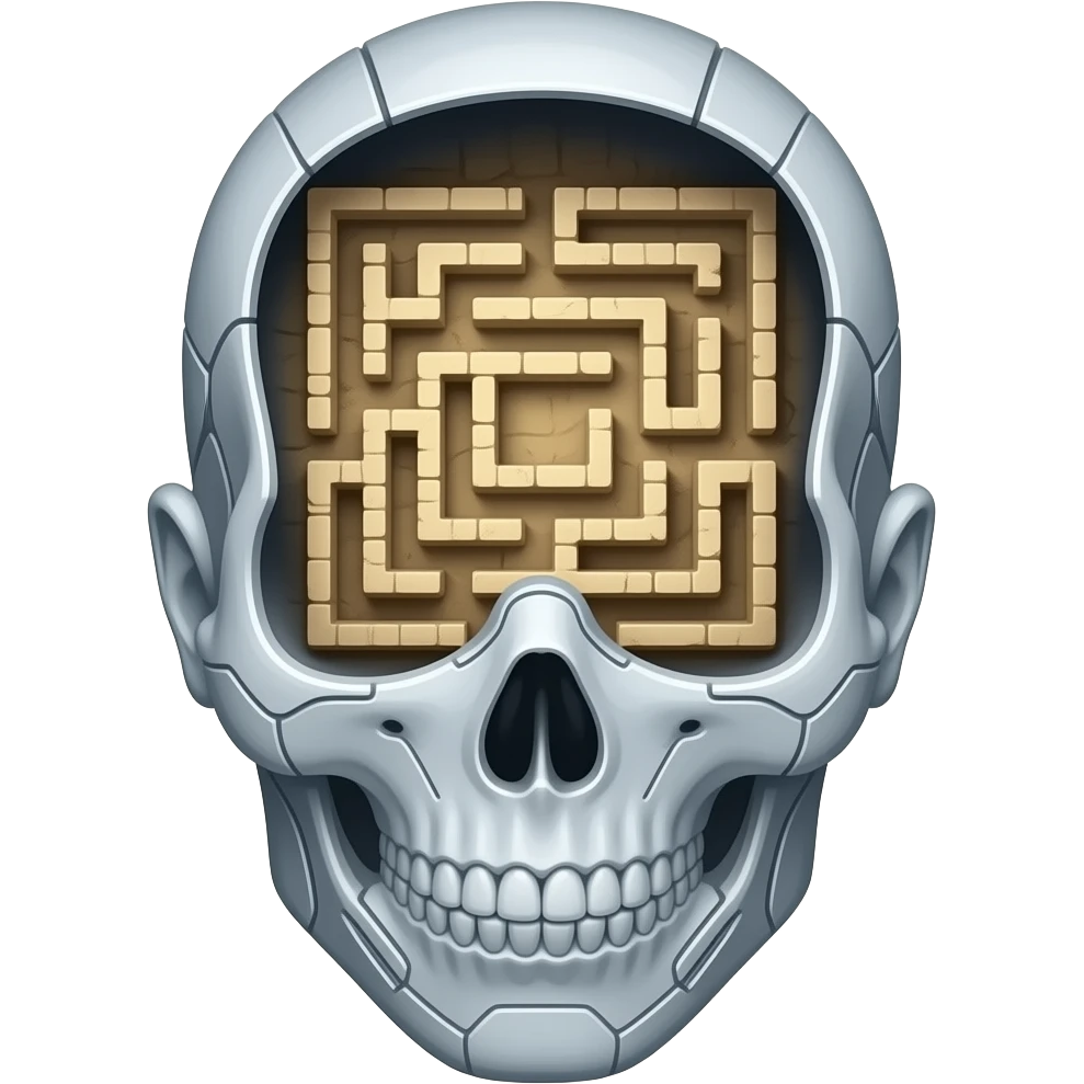 a view from above into an open futuristic cybernetic head that contains the space of an ancient labyrinth emoji