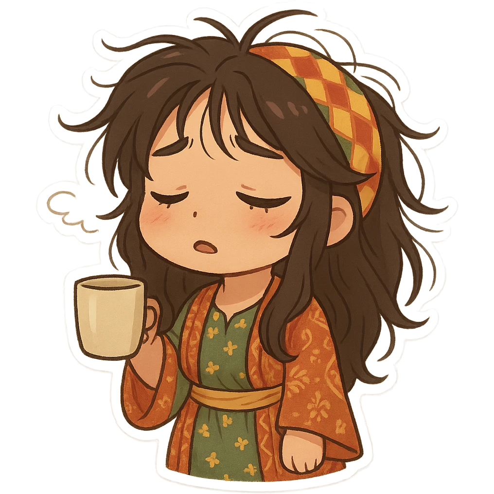 Kurdish man or woman in jamadani, cartoon style, sleepy or tired, messy hair, holding a cup, longing expression, no text emoji