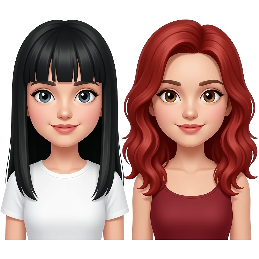 Una de las chicas en blanca, con el pelo negro lacio largo y con flequillo recto, la otra chica es un poquito morena, con ondas marcadas y el pelo muy muy rojo abajo de los hombros emoji