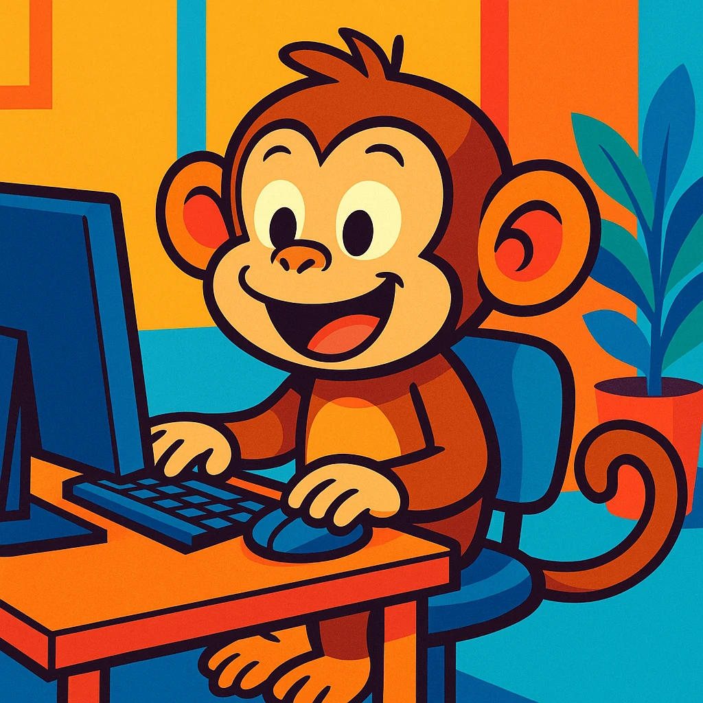 a cartoon monkey at a computer desk, vibrant toon style emoji