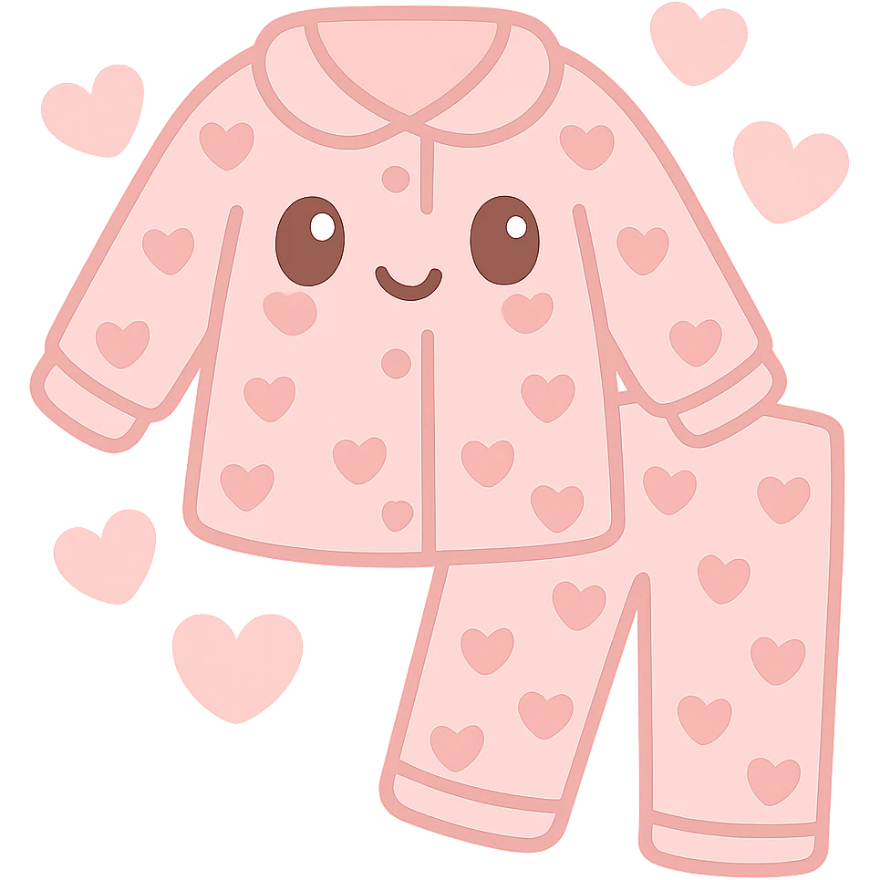 pink heart pajamas with hearts floating around it, cute and cozy emoji