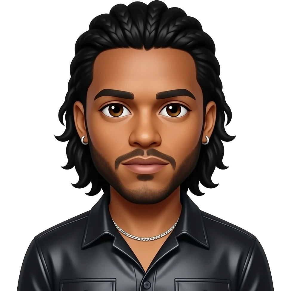 The Weeknd with dark brown eyes, long black low ponytail hair, black metallic shirt, silver necklace and short earrings emoji