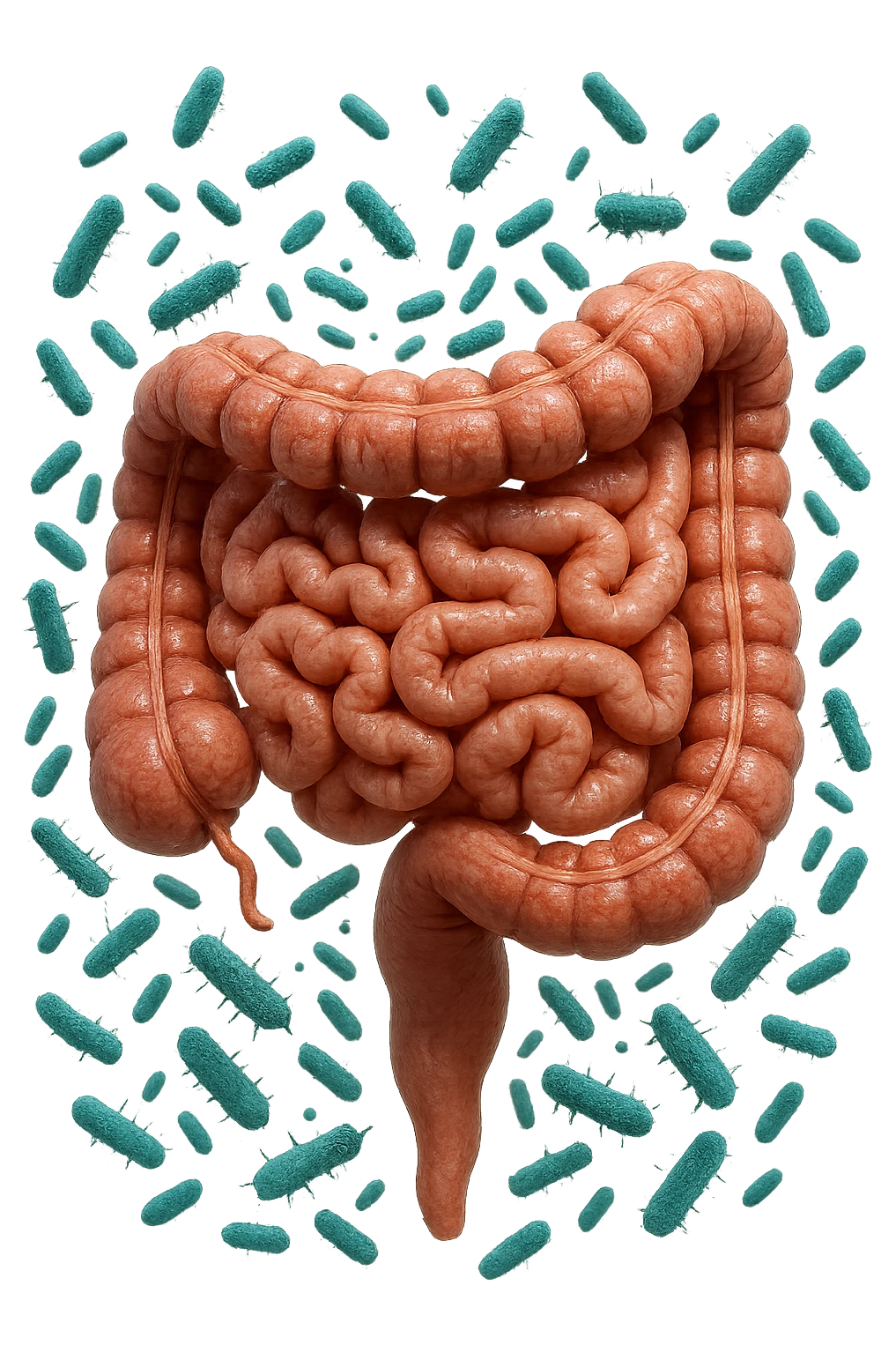 intestino umano anatomico con batteri intestinali che gli fluttuano intorno, iperrealistico 4k emoji