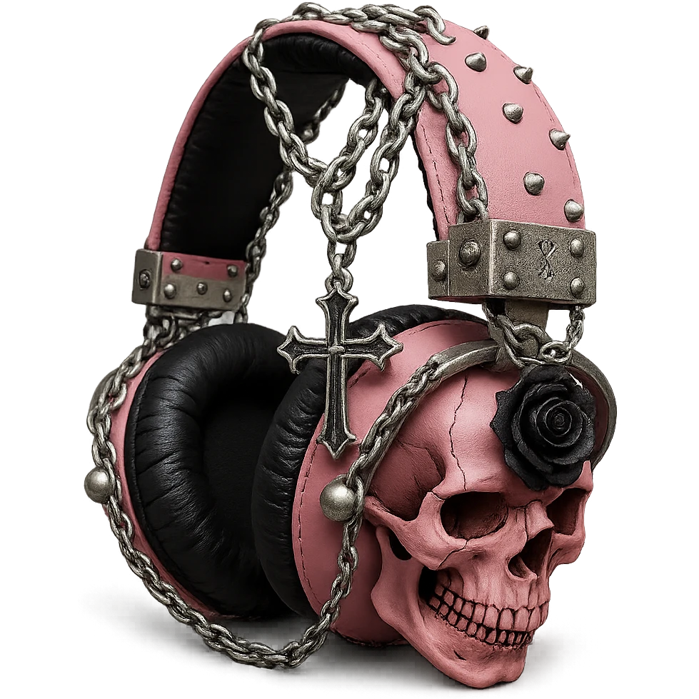 Add a silver chain, a gothic cross, and a black rose brooch to the realistic pink gothic headphones with sculpted skulls, leather texture, and silver studs. Keep the background transparent. Maintain the realistic pink gothic style with leather and silver details. emoji