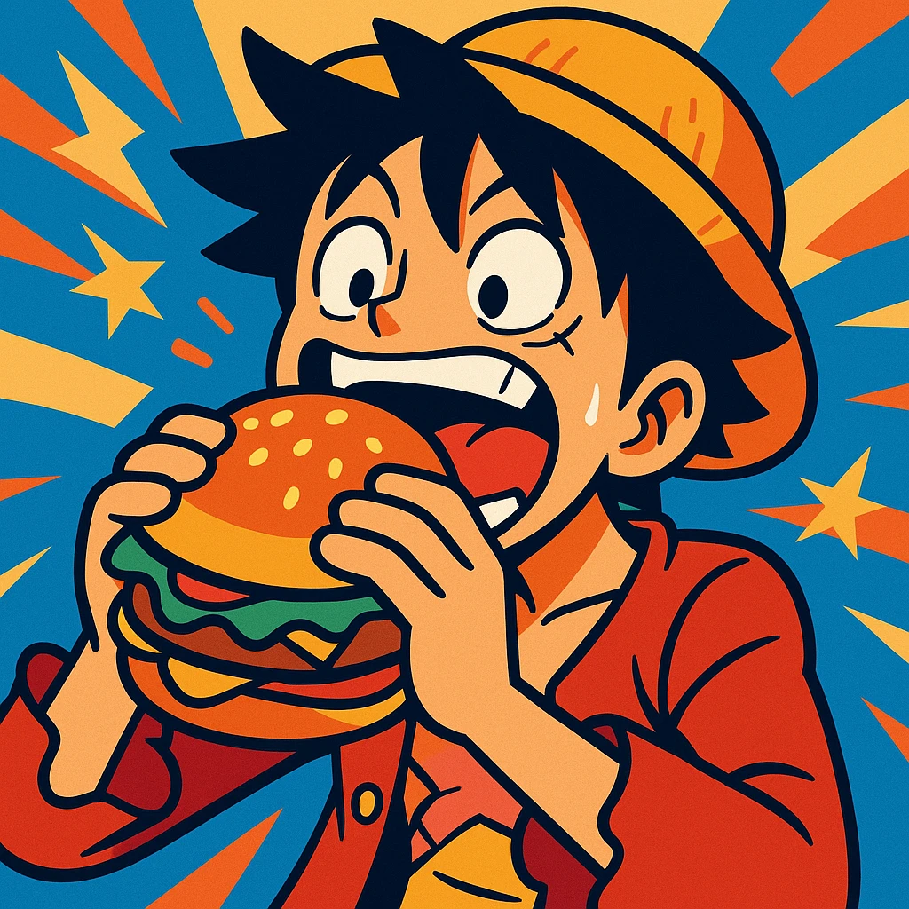 Luffy from One Piece eating a burger, vibrant, energetic, anime style emoji