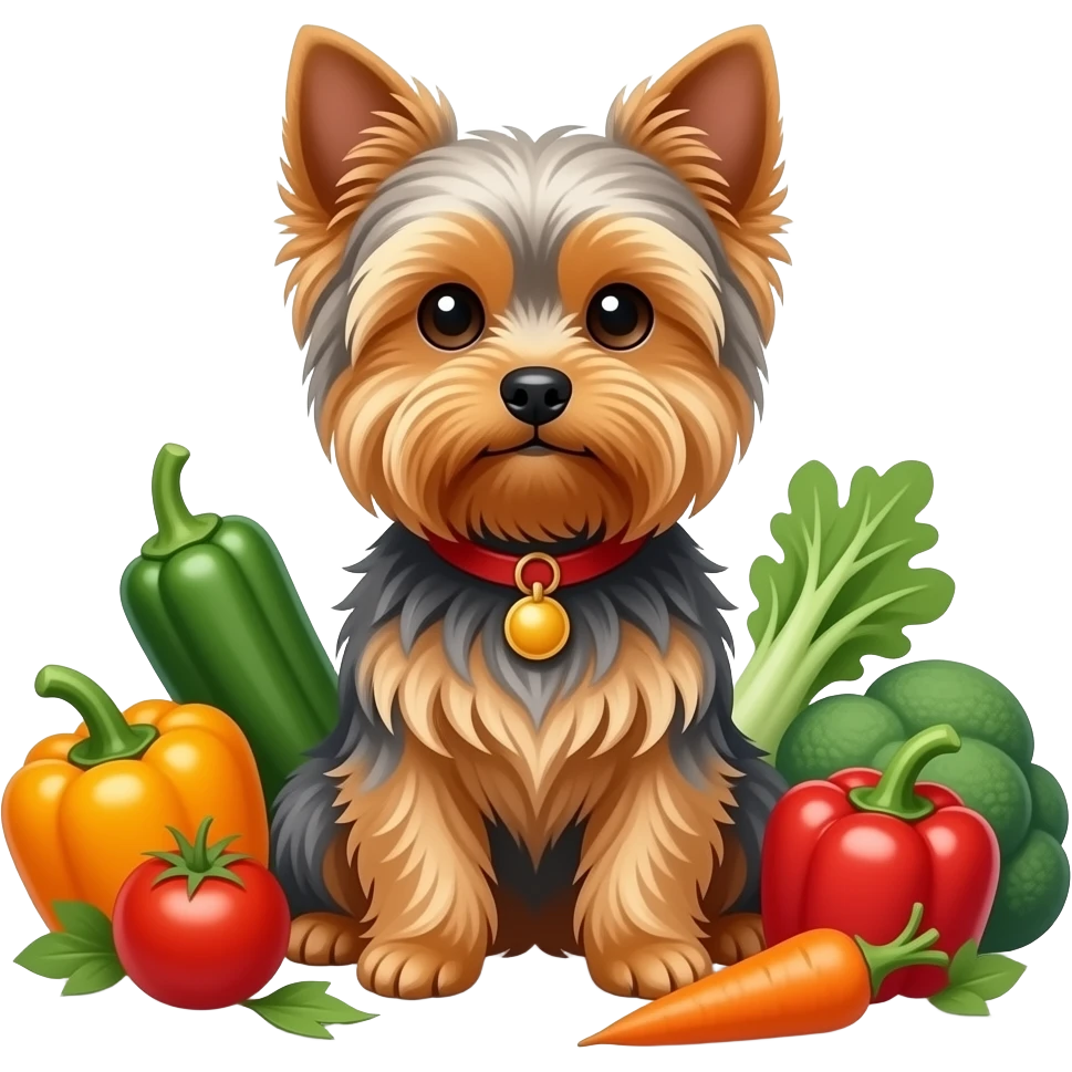 Yorkie dog sitting in vegetables emoji