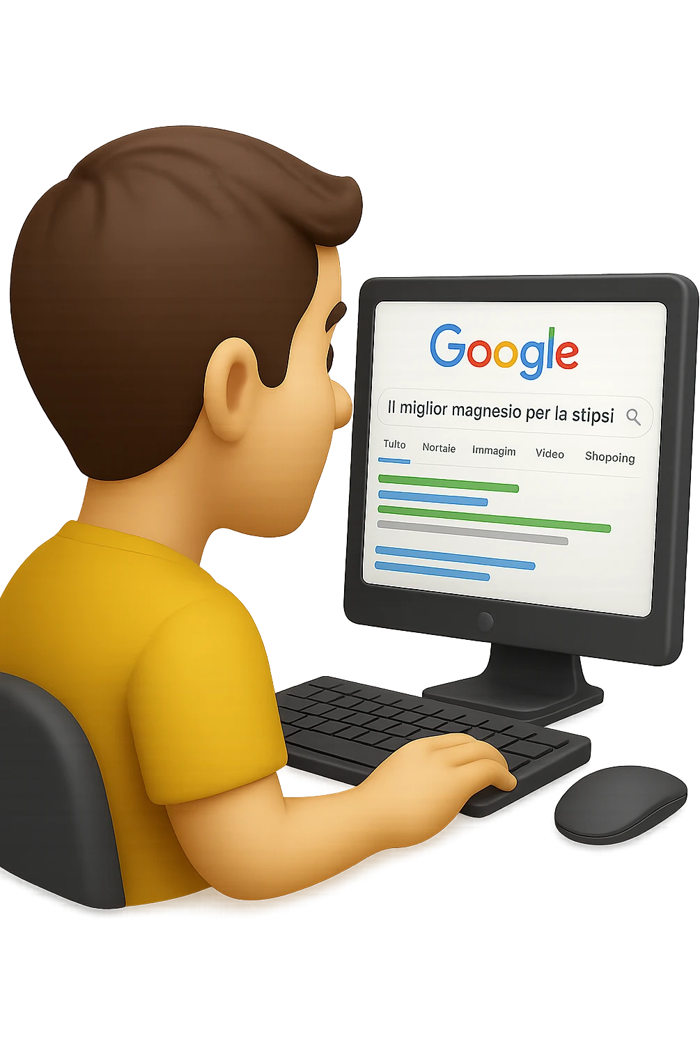emoji stile iphone di un uomo davanti al pc che cerca di google: "Il miglior magnesio per la stipsi", iperrealistico 4k emoji