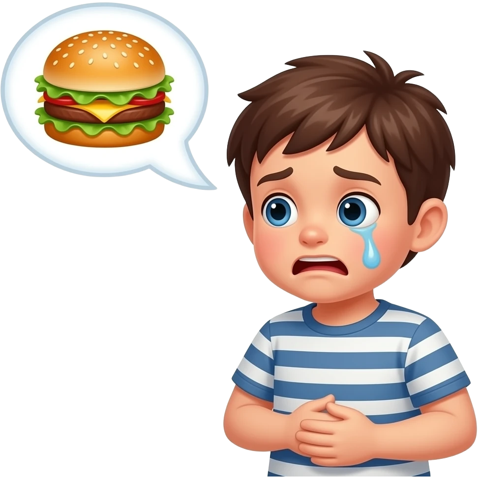 kid holding tummy hungry with bubble at the top with burger emoji