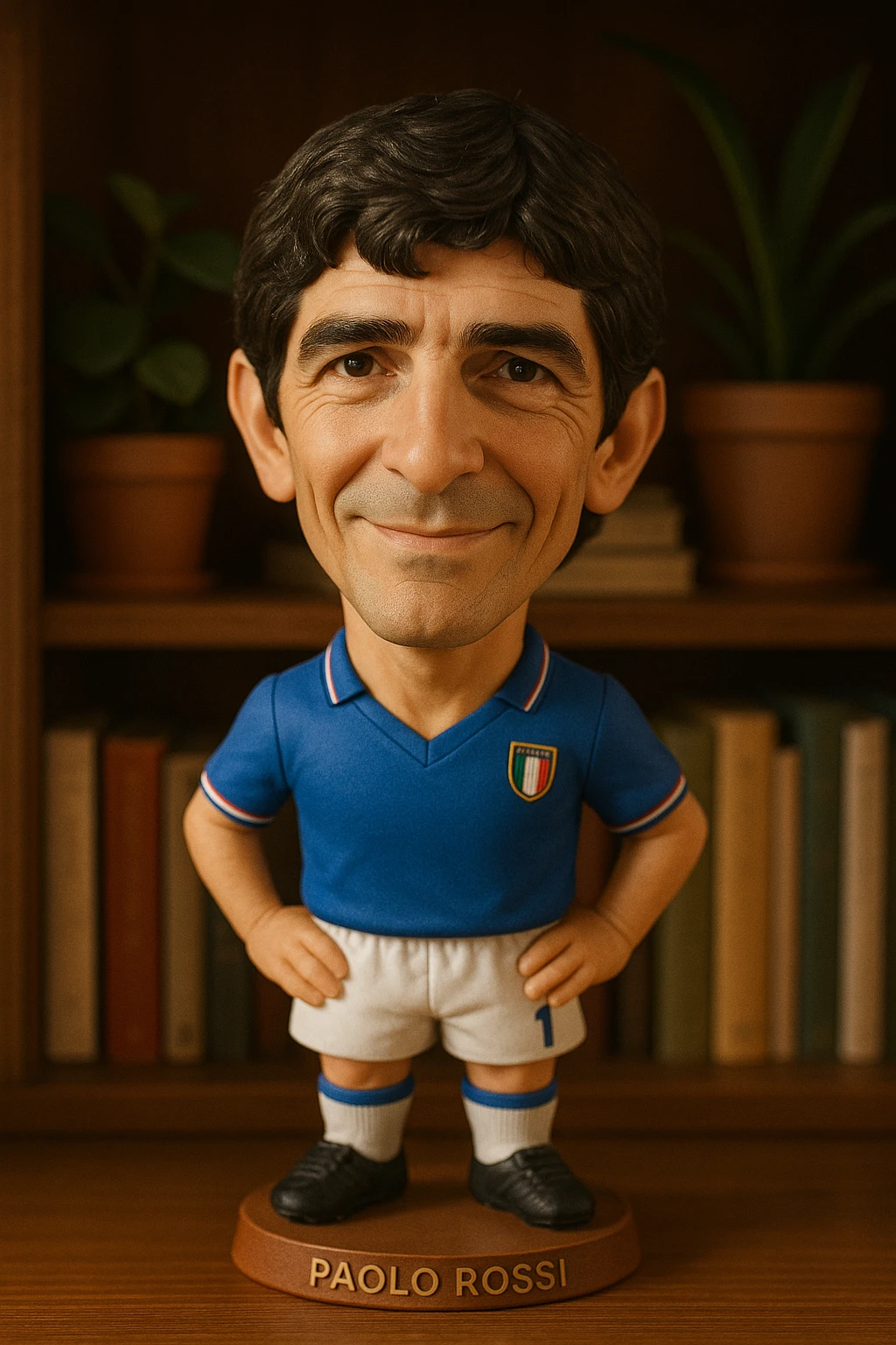 Паоло Росси в форме сборной Италии 1982 смотрит на прямо на зрителя и слегка улыбается, освещение с левой верхней стороны кадра emoji