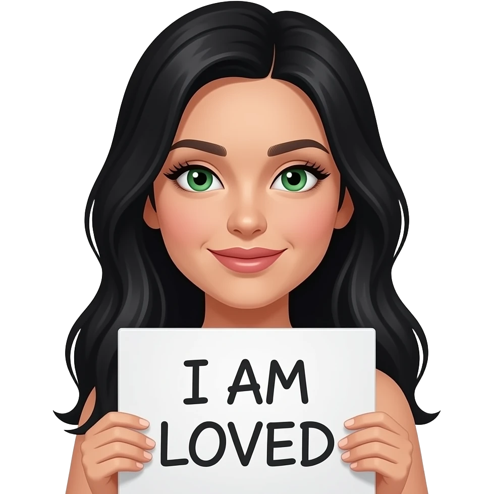 A beautiful woman with long black hair and green eyes and pale skin and long eyelashes holding a sign saying “I AM LOVED” emoji