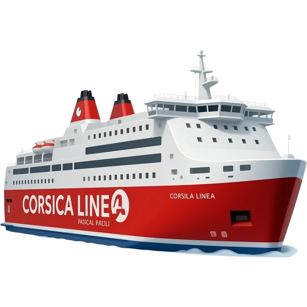 Ferry Corsica linea pascal Paoli rouge et blanc avec un logo Corsica linea et le bateau a deux cheminée emoji