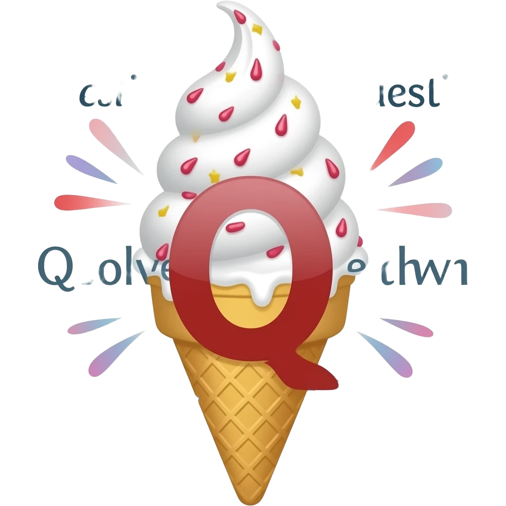 The big letter "Q" in the center. Smaller the Words "Question", "Question", "Question", "Qsolve", "Qcollect" und "Qteach" around it in a comic style ice cream cone emoji