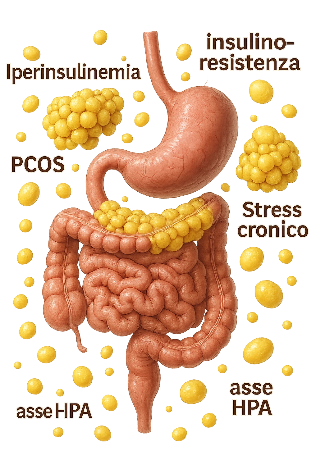 STOMACO E INTESTINO SONO VERTICALMENTE COLLEGATI E INTORNO A QUESTI ORGANI CI SONO CELLULE DI GRASSO GIALLE ATTACCATE SOPRA A GRAPPOLI, intorno fluttuano cellule di grasso giallo e alcune targhette con queste parole "Iperinsulinemia", "insulino-resistenza", "PCOS", "Stress cronico", "asse HPA", IPERREALISTICO 4K emoji