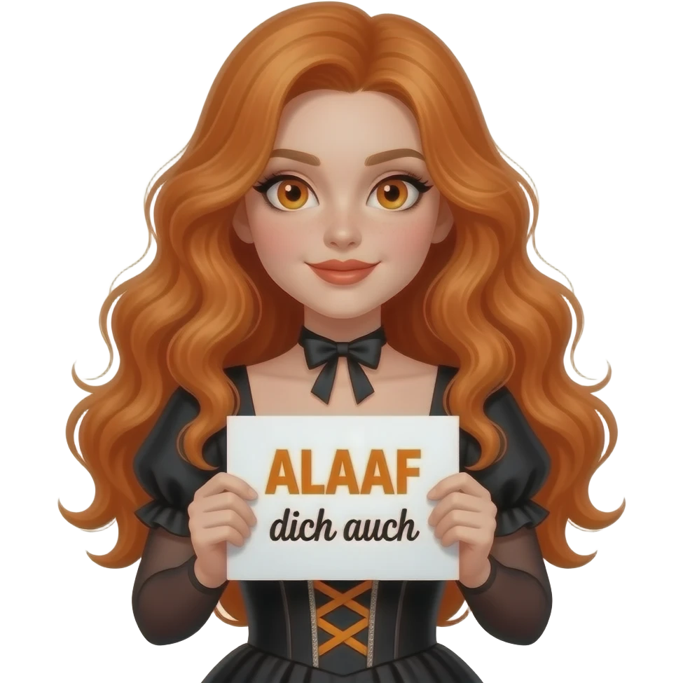 sexy girl with long wavy ginger hair and ginger eyes wearing a halloween dress is holding a white colored sign with ALAAF dich auch written on it emoji