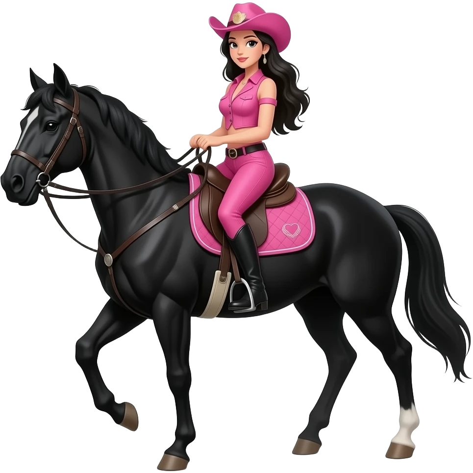 confident hot woman with long black hair wearing pink outfit riding a fully black horse cowgirl style emoji