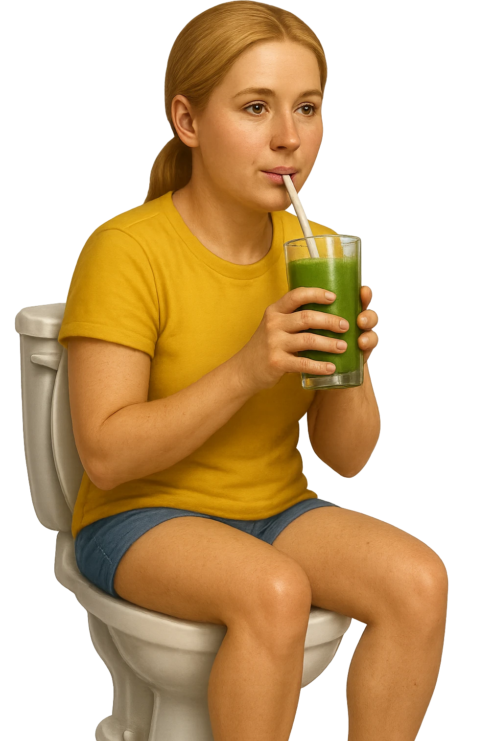 emoji stile iphone di una donna seduta sul wc che beve uno smoothies verde, iperrealistico 4k emoji