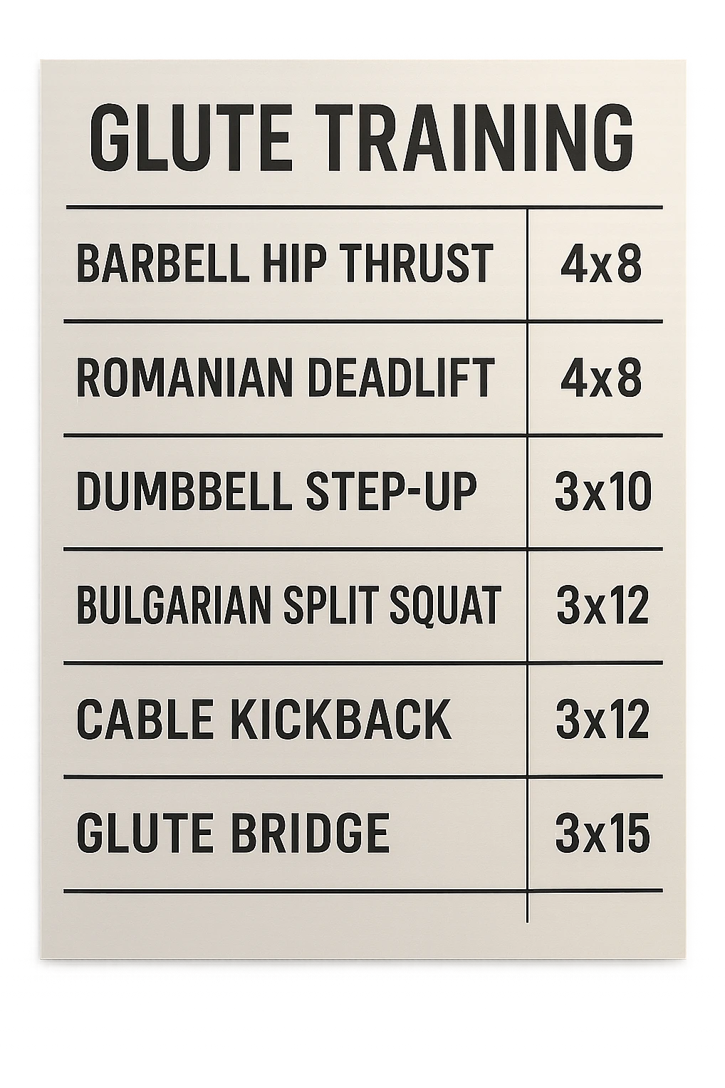 scheda di allenamento glutei con le reps scritte (tipo 4x8 ecc), iperrealistico 4k emoji