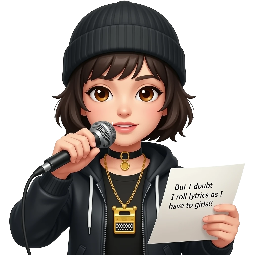 A tomgirl with short boyish hair, a beanie, and brown eyes rapping and wearing a golden stenography machine as a necklace. On her paper are the lyrics: "But I doubt I roll lyrics as I have to girls!!"
 emoji