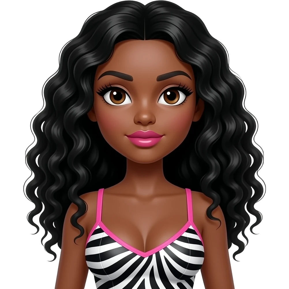 Baddie lashes, dark brown, doll eyes, doll body, Black girl, dark brown skin with long curly black hair, black eyebrows, doll eyes, with giant breast, giant pink lips, plastic surgery, zebra print with pink straps emoji