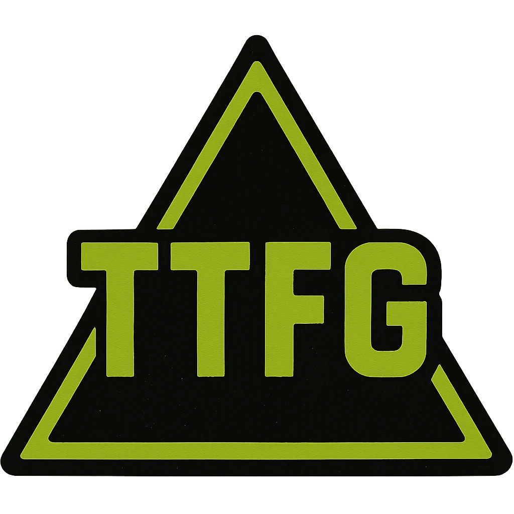 logo style image of the letters 'TTFG' in vibrant green, placed inside a bold black triangle with a thick neon green border, sharp and high-contrast, modern geometric sans-serif font emoji