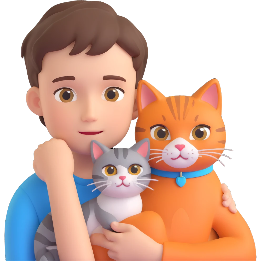 boy and cat pet in forrest background, close up pose emoji