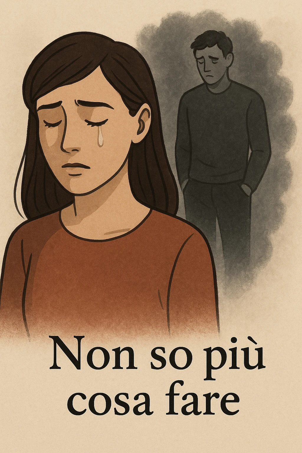 Vertical format: A woman with a tear, a man next to her emitting a gray aura, with Italian text: 'Non so più cosa fare'. emoji