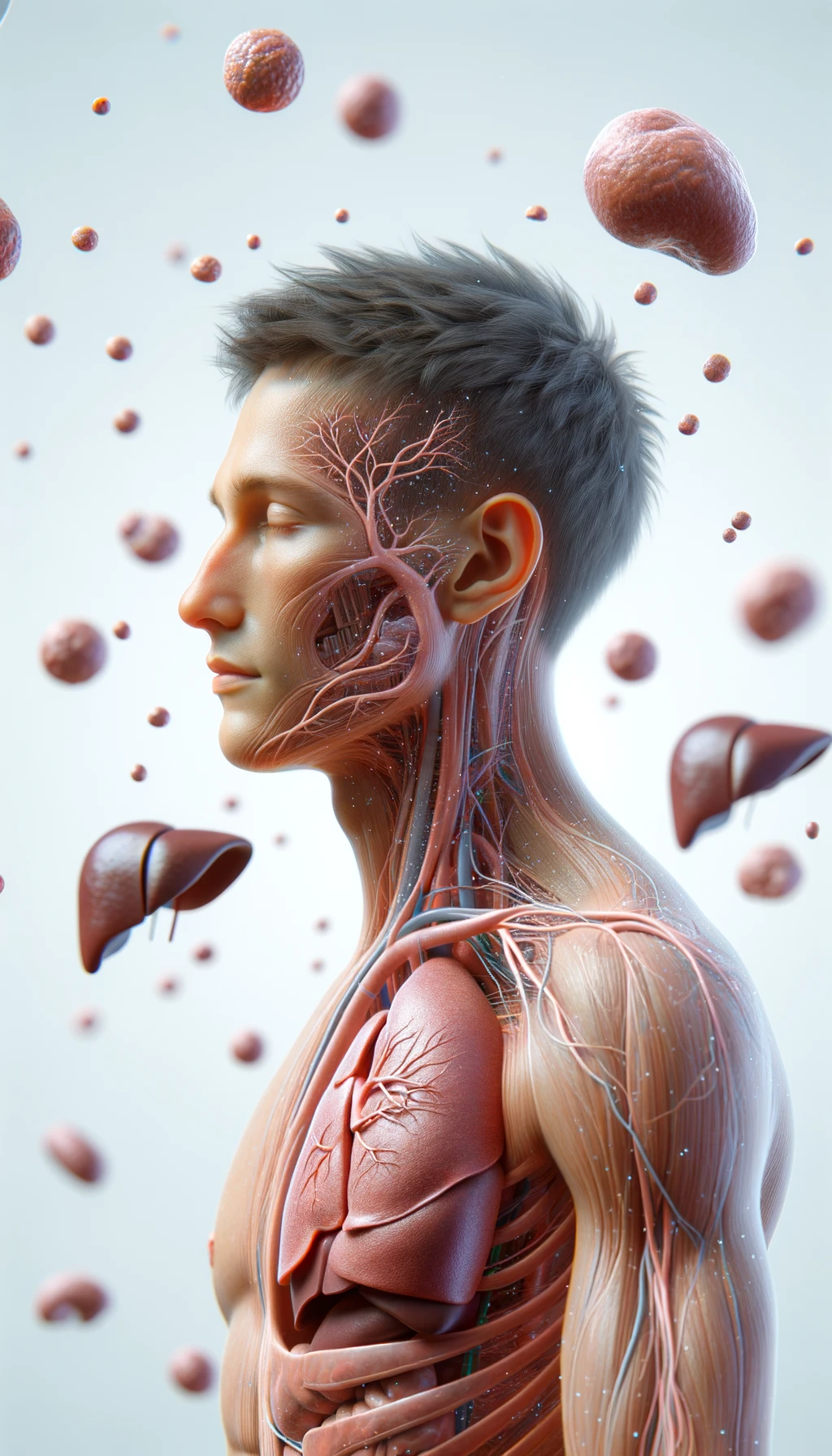 corpo umano anatomico con capelli corti e gli occhi chiusi, intorno a lui fluttuano cellule, fegato in evidenza, ha l'espressione rilassata, visto dal fianco iperrealistica 4k, isolato su sfondo bianco emoji