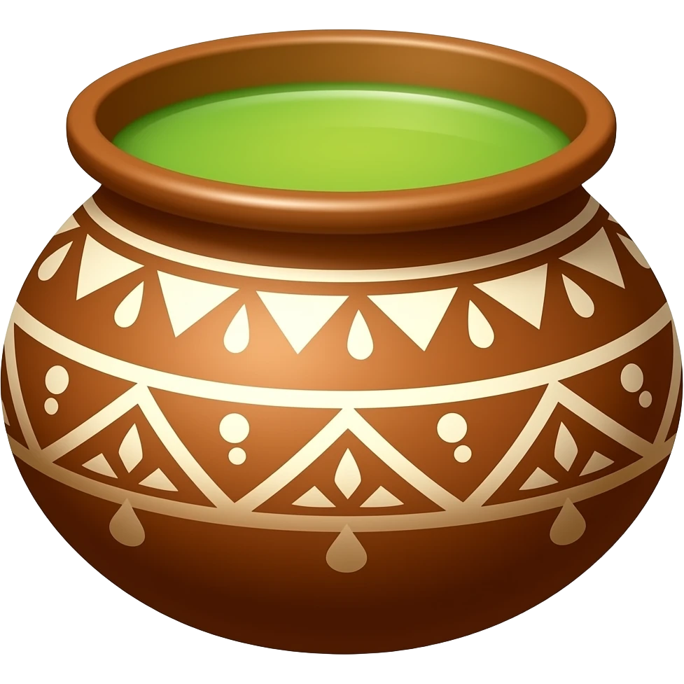 Brown clay pot decorated  matka with sugarcane juice inside emoji