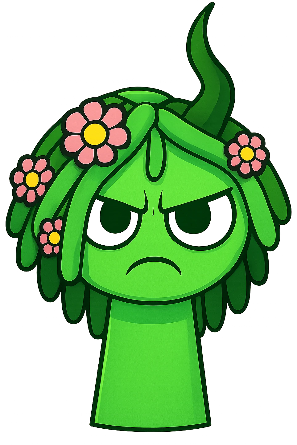 Add an angry, frowning expression to the green character with flower hair, maintaining the chibi stickers style with a transparent background. emoji